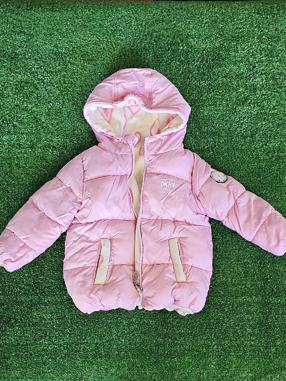 DKNY Light Pink Reversible Hooded Puffer Jacket
